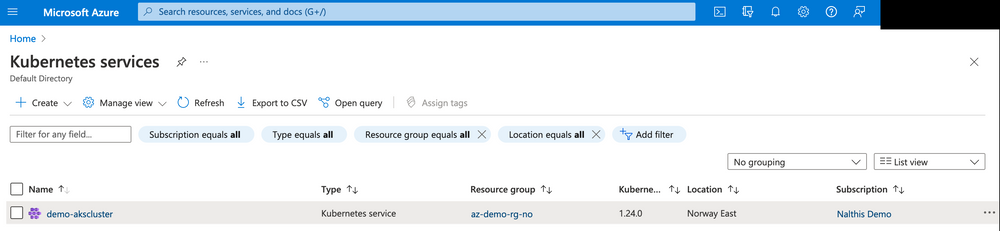 "Status in Azure Portal of AKS"